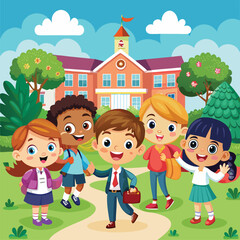 Cartoon group of elementary school kids in the school yard vector