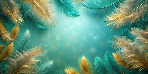 Feathers background in teal and gold, feathers, background, teal, gold, elegant, luxurious, soft, texture, exotic