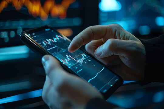 Smart businessman typing financial data on a mobile phone with a futuristic stock chart graphic, investment and trading