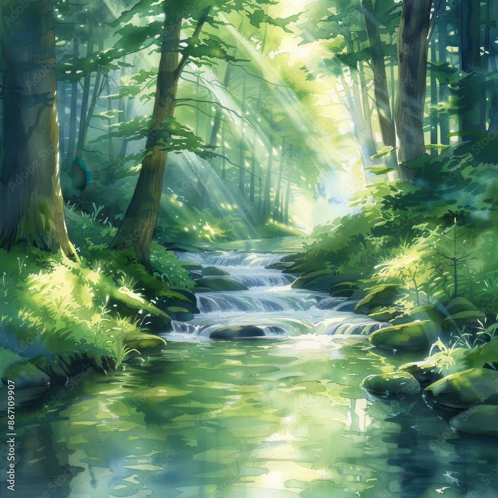 Canvas Prints Sunbeams through Forest Trees and Stream.