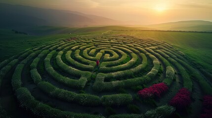 Naklejka premium Aerial View of a Beautiful Circular Hedge Maze in a Lush Green Landscape at Sunset