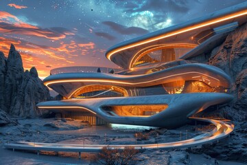 Futuristic Architecture. Sleek, Modern Building in a Surreal, Alien Landscape at Sunset
