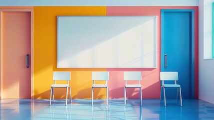 Colorful classroom interior with whiteboard and five chairs, featuring bright yellow and blue doors and vibrant wall colors.