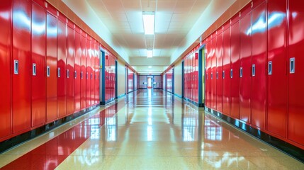 Empty school hallway with bright red lockers, polished floor, and fluorescent lighting, creating a clean and organized setting.