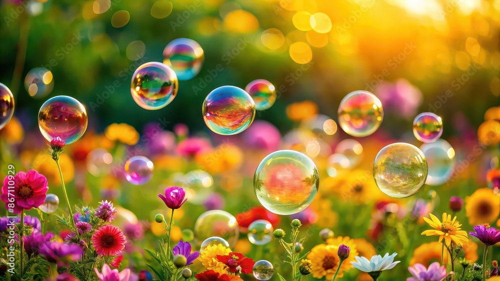 Canvas Prints Colorful soap bubbles floating among a field of vibrant flowers , bubbles, soap, colorful, floating, field, flowers, vibrant