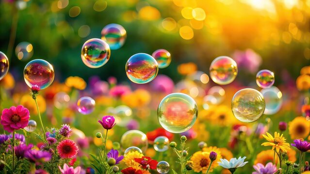 Colorful soap bubbles floating among a field of vibrant flowers , bubbles, soap, colorful, floating, field, flowers, vibrant