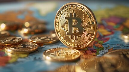 Bitcoin coin among gold coins on map background representing digital currency and global economy