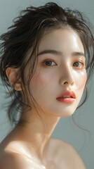 Naklejka premium Captivating Portrait of Radiant Asian Woman with Flawless Skin and Natural Makeup in Serene Studio