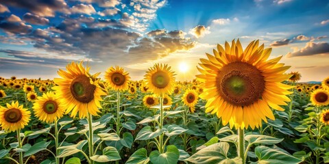 Obraz premium Vibrant sunflowers standing tall in a vast field under the sun, botanical, yellow, agriculture, nature, beauty, blooming, scenery