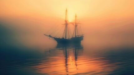 Fototapeta premium Serene sailboat silhouetted against a vibrant sunset, reflecting on calm, misty waters, creating a tranquil and dreamy seascape.