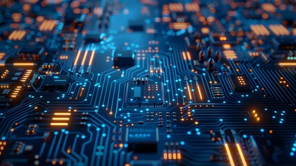 A blue circuit board with glowing chip components and data flowing through it, creating an abstract background for technology-themed designs.