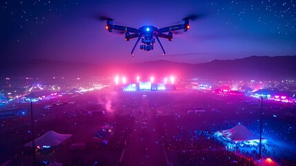 Aerial Drone Perspective of Vibrant Music Festival Under Starry Night Sky