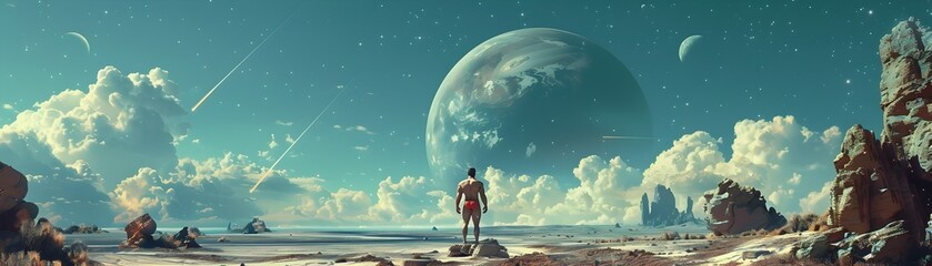 Fototapeta premium Bodybuilder Lifting Extraterrestrial Rocks on Alien Planet with Dual Moons