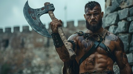 Fototapeta premium Fearless Medieval Knight Bodybuilder Wielding Massive Axe at Castle Walls