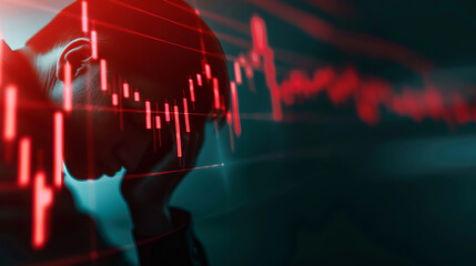 Man in distress as stock market graph plunges, depicting financial crisis, economic downturn, and investment challenges.