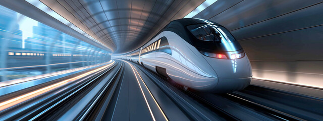 Futuristic high-speed train in motion, with glowing lines and holographic display on the side of its exterior