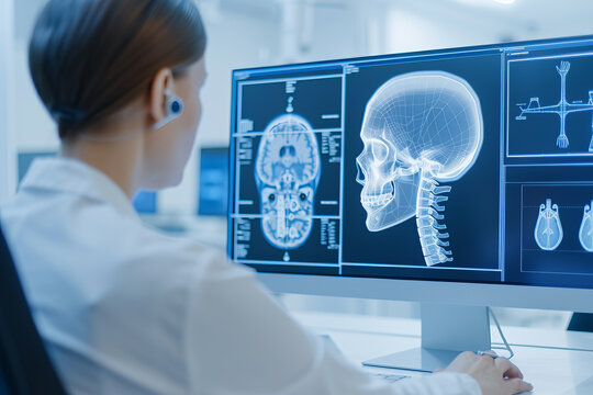 Medical professional analyzing brain scans on a computer monitor, focusing on complex neurological data and imaging in a clinical environment.