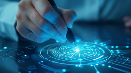 Person using a stylus on a futuristic digital interface, illustrating technology and innovation in digital interaction and design.