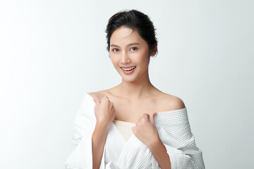 Beautiful young asian woman with clean fresh skin on white background, Face care, Facial treatment, Cosmetology, beauty and spa, Asian women portrait.