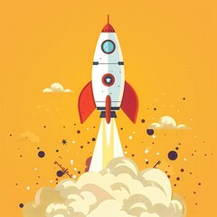 A rocket is flying through the sky with a yellow background