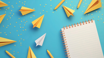 School notebook background. 3d flying yellow paper airplanes. Vector cartoon children planes 