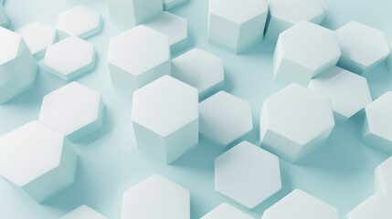 Fototapeta premium multiple white hexagonal prisms, each with smooth, sharp edges, arranged at different heights on a pale blue background