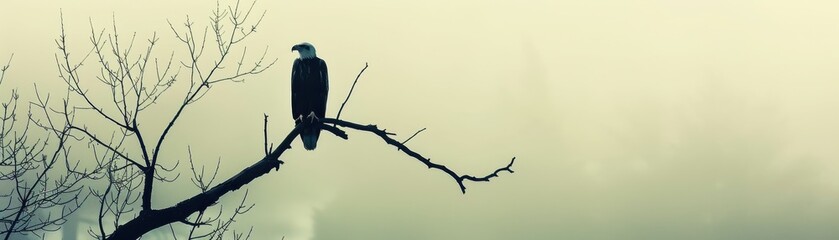 Eagle perched on branch, regal stance, high resolution, serene setting, focus on, copy space, bright tones, Double exposure silhouette with tree silhouette