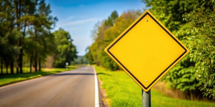 Yellow give way traffic sign on the side of the road at a summer road intersection, give way, traffic sign, yellow
