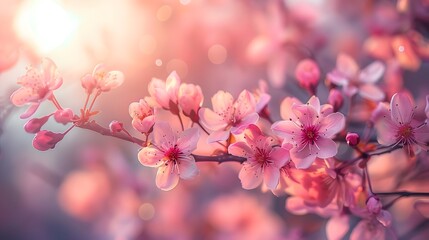 A dreamy pastel pink spring background with delicate cherry blossoms and soft sunlight filtering through the branches, creating an atmosphere of serenity and beauty.