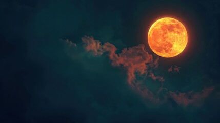 Stunning full moon glowing amidst dark clouds in the night sky, creating a dramatic and mystical atmosphere.