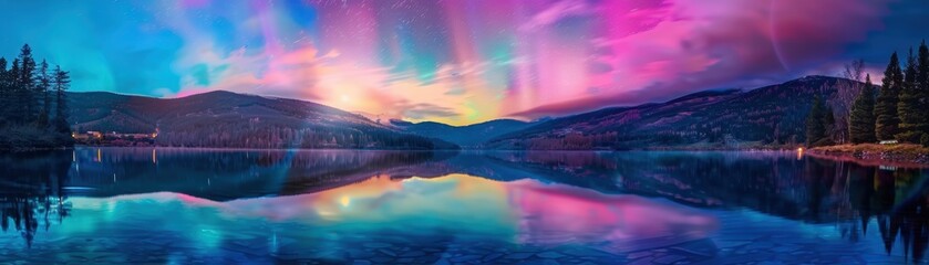 Fototapeta premium Aurora Borealis over lake, reflective water, colorful display, tranquil setting, close up, copy space, bright hues, Double exposure silhouette with mirrored lights