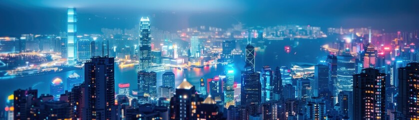 Obraz premium Stunning panoramic view of a vibrant city skyline at night, illuminated with bright lights and skyscrapers stretching into the distance.