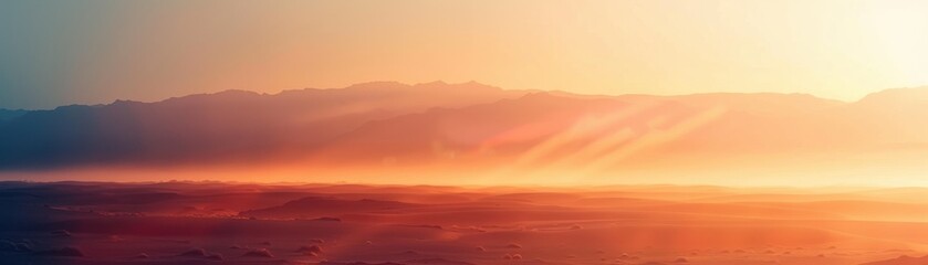 Desert at dawn, soft light, expansive view, serene atmosphere, close up, copy space, bright tones, Double exposure silhouette with morning glow