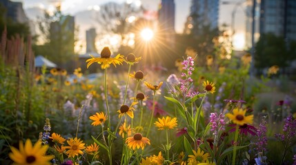Obraz premium An urban wildflower garden in the heart of downtown sustainable city, with tall buildings visible behind it. The sun is setting and casting long shadows across the flowers.