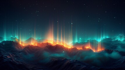 Futuristic abstract background with glowing lines and mountains