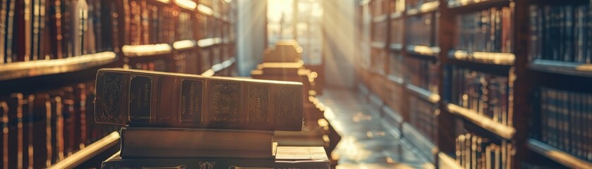 Book pages in library, old books, scholarly atmosphere, vintage charm, close up, copy space, bright tones, Double exposure silhouette with bookshelves