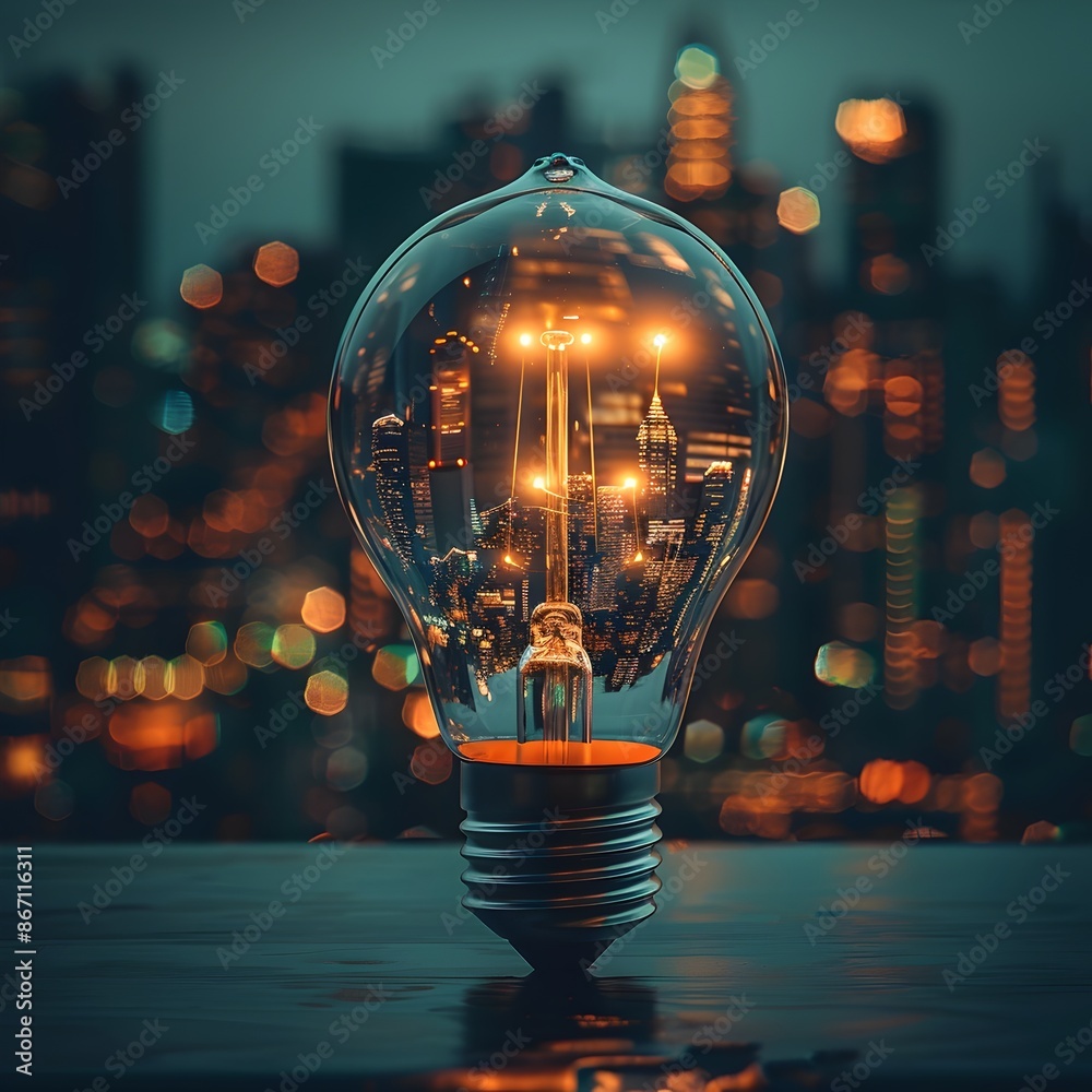 Poster cityscape of illuminated glass and light bulb structures idea concept