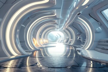 Obraz premium Futuristic spaceship interior hallway with bright light. Concept of science fiction, interstellar travel, and advanced technology.