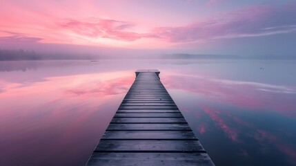 A serene lakeside dock at dawn, reflecting the soft pastel colors of the sky in the still water, capturing a peaceful moment of solitude.