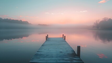 Obraz premium A serene lakeside dock at dawn, reflecting the soft pastel colors of the sky in the still water, capturing a peaceful moment of solitude.