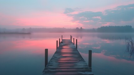 Obraz premium A serene lakeside dock at dawn, reflecting the soft pastel colors of the sky in the still water, capturing a peaceful moment of solitude.