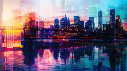 Obraz premium Bridge with city skyline, urban setting, towering presence, bustling environment, close up, copy space, vivid colors, Double exposure silhouette with skyscrapers