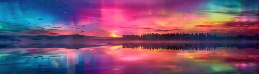 Aurora Borealis over lake, reflective water, colorful display, tranquil setting, close up, copy space, bright hues, Double exposure silhouette with mirrored lights