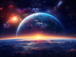 Breathtaking view of earth from space, capturing sunrise over planet's horizon and expansive starfilled cosmos, showing beauty of universe.