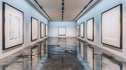 A spacious, modern art museum corridor, with five evenly spaced black frames along the wall, each encasing an untouched, white canvas.