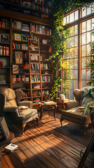 Cozy Bookstore with Plush Armchairs and Natural Light, featuring a Reading Nook with Coffee and Open Book Amidst Organized Shelves