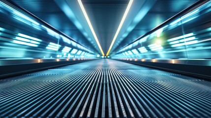 Futuristic moving walkway in modern tunnel with vibrant blue lights.