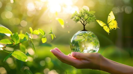 Hand Holding a Glass Globe with a Tree and Butterfly