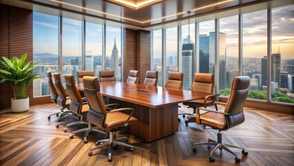 Fototapeta premium Modern corporate conference room with sleek wooden table surrounded by high-backed leather chairs and floor-to-ceiling windows.