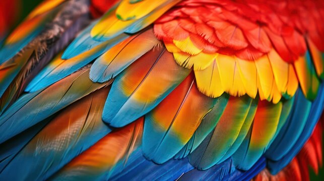 Vibrant close-up of a parrot's colorful feathers with vivid details